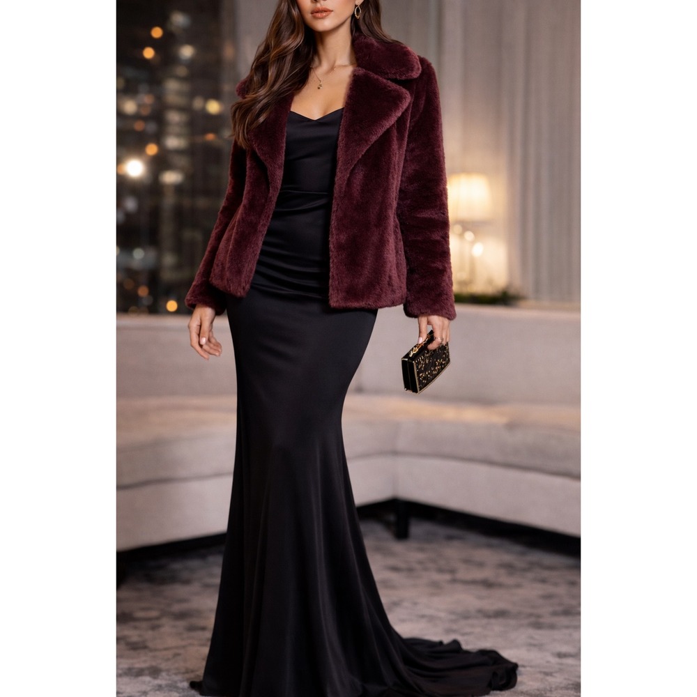Rachel Zoe Wine Faux Fur Luxe Jacket Plush Glam Prom Evening‎ Winter Coat Sz M
